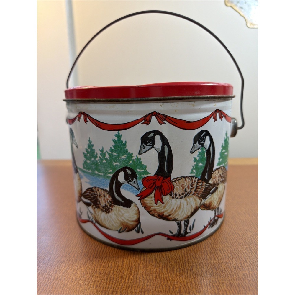 VTG 90s Goose Bunte Candy Tin With Red Lid & Handle Cottage Christmas Geese